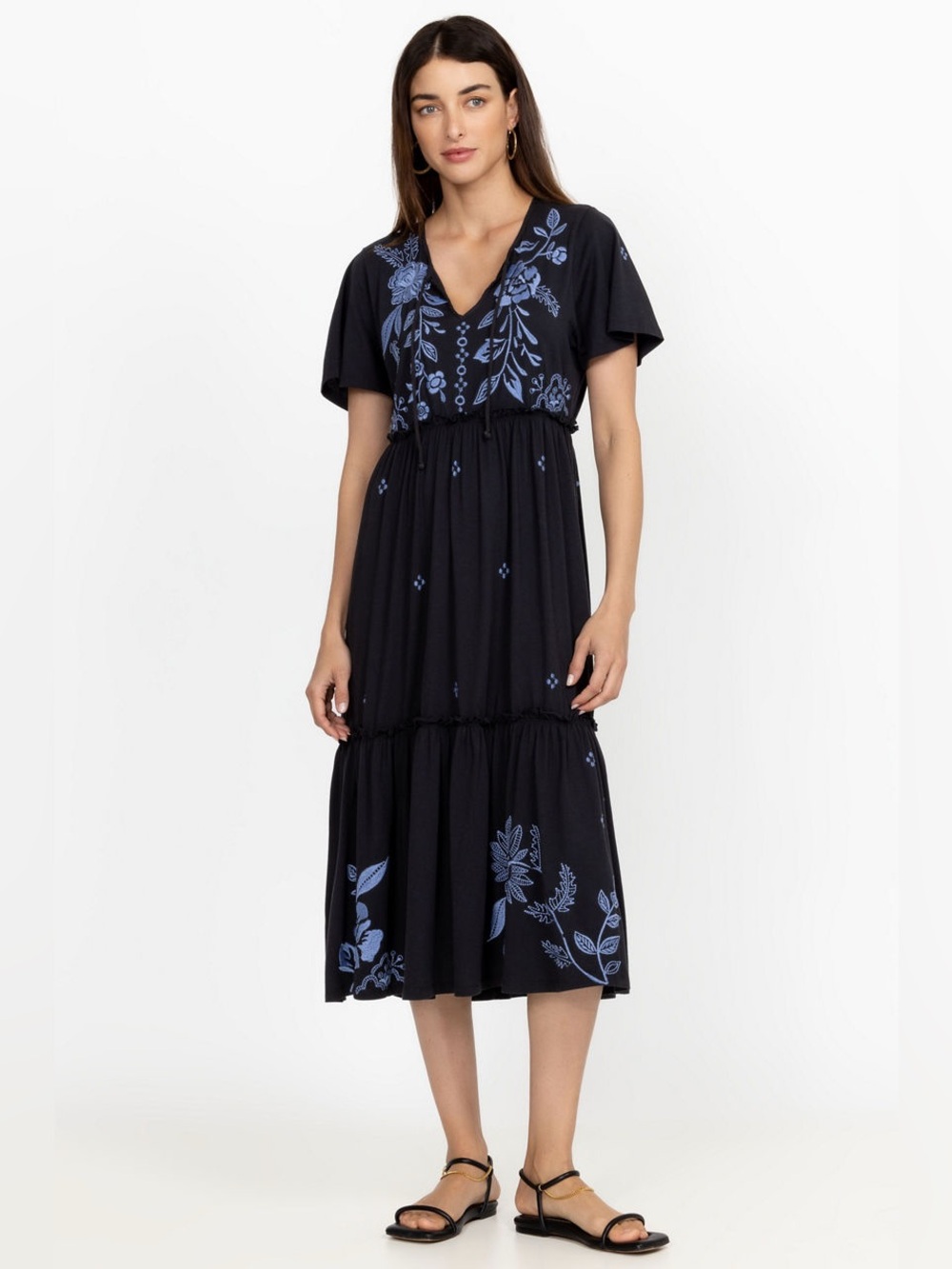 Johnny Was Black Midi Dress with Blue Floral Embroidery
